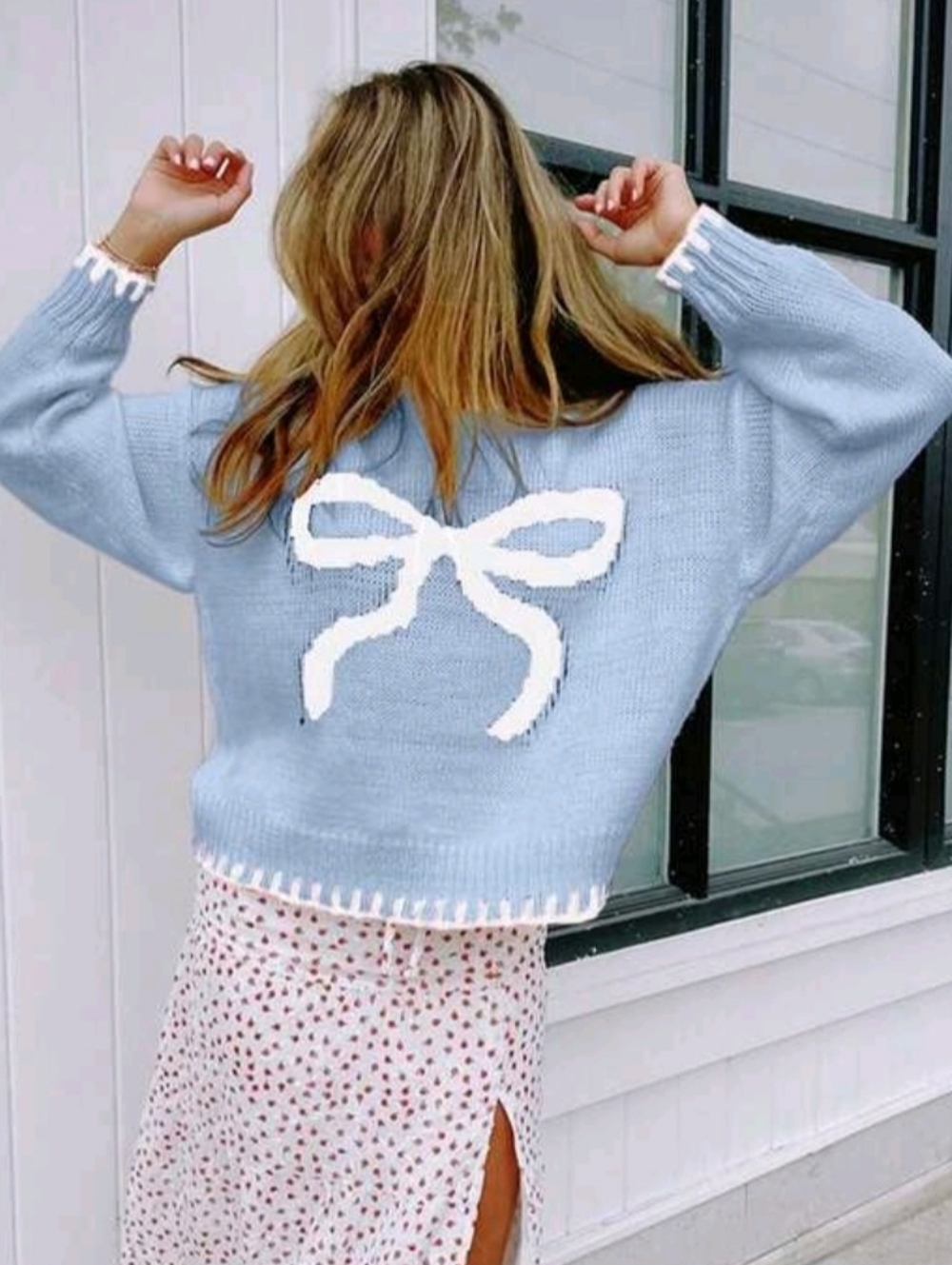 Women’s Blue Bow Knit Sweater - Picture 3 of 4